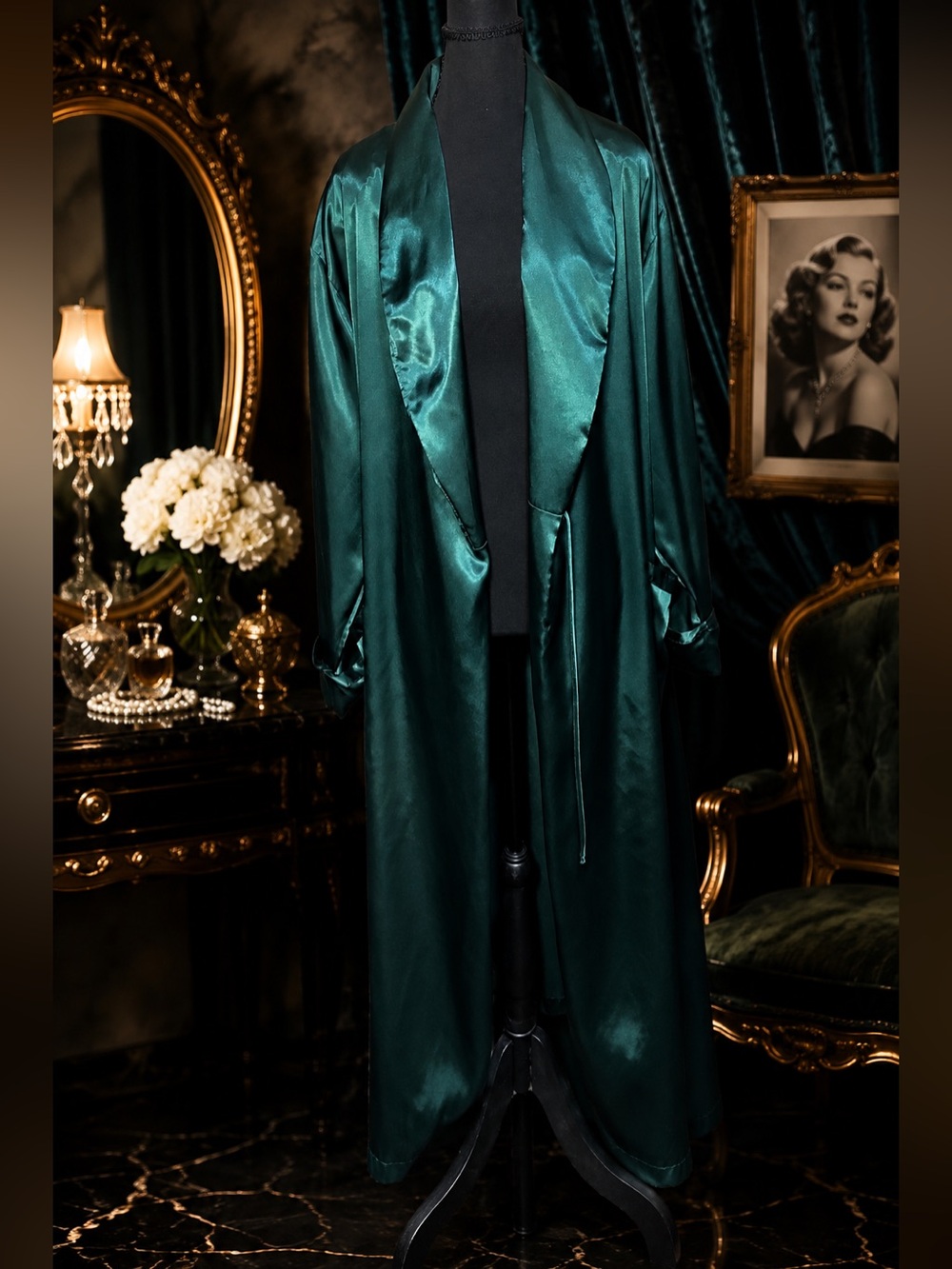 Victoria’s Secret Emerald Satin Maxi Robe M/L Old Hollywood Glamour Belted
